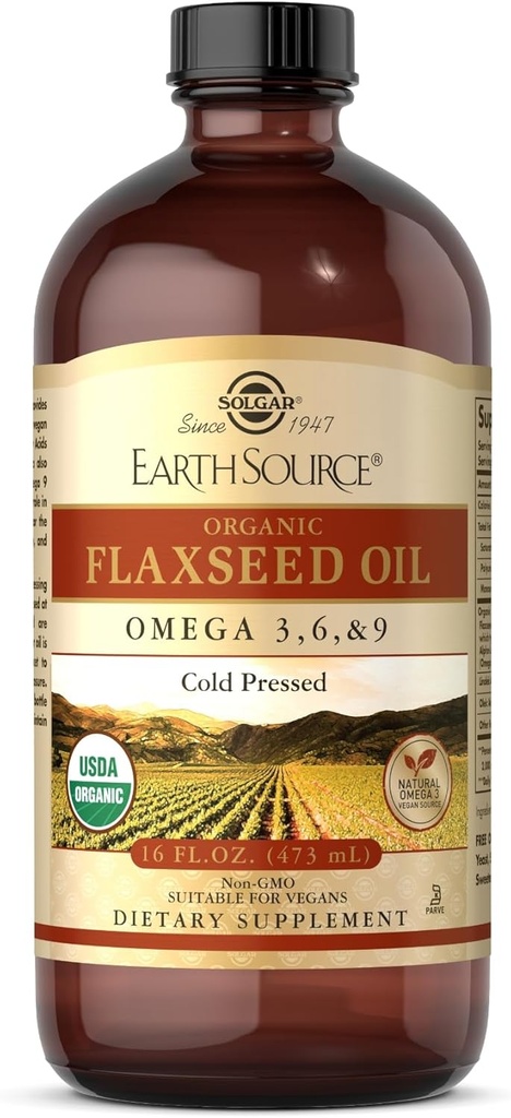 Solgar Earth Source Organic Flaxseed Oil - 16 fl oz - Cold Pressed - Omega 3, 6 & 9 - USDA Organic, Non- GMO, Gluten Free - O 31 Služeb