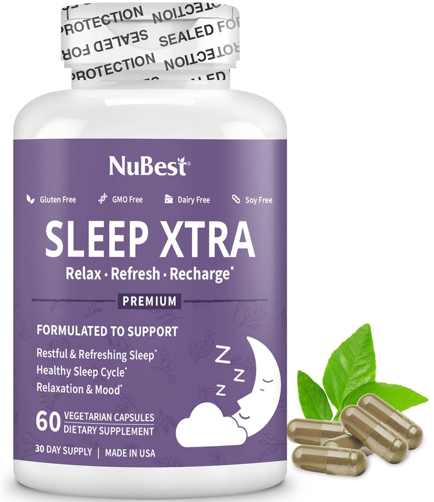 NuBest Sleep Xtra CLAS124; Podporuje zdravý spánek pro dospělé 124; Vitamin B6, Melatonin, Ashwagandha, Heřmánek, Valerian & More - Non Habit- Forming CLAS124; 60 Veganské kapsle 124; 1 měsíc dodávky
