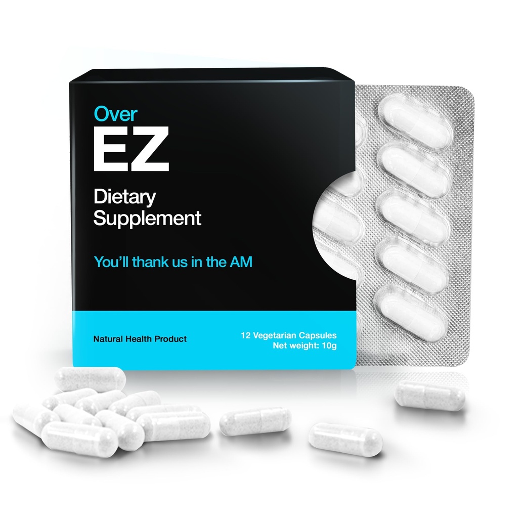 Oover EZ Pre- Drink Doplněk - Party Recovery & Preventivní pilulky pro noční a lepší rána (12 Kapsle) & Mléko Thistle, Amino Acids, Vitamin B