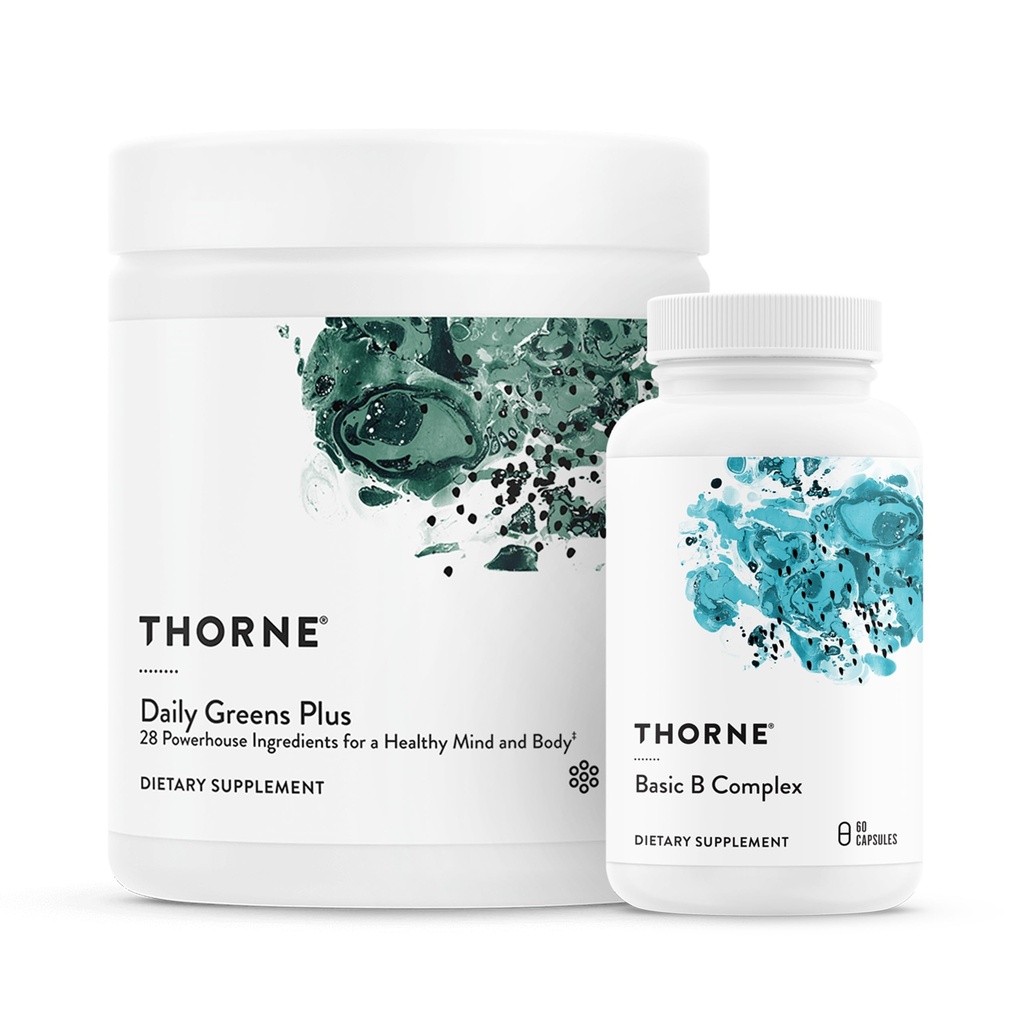 THORNE - Energy Bundle - Daily Green Plus & Basic B Complex - Podporuje buněčnou energii a fyzickou vytrvalost - 30 Služeb