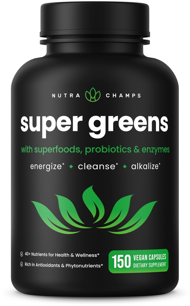 NutraChamps Organic Super Green Kapsle - Alfalfa, Spirulina, Chlorella & More - Antioxidant, Digestivní enzym & Probiotické směsi - 150 Zelené Superfood Kapsle