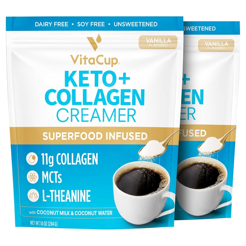 VitaCup Keto + Collagen Coffee Creamer Vanilla Flavor w / MCT, Collagen Protein, Coconut Water, L- Theanine pro Keto Diet, Káva, Smoothies, & Shakes, Dairy-Free, Gluten- Free, Soy- Free, 2 pytle, 10oz každý