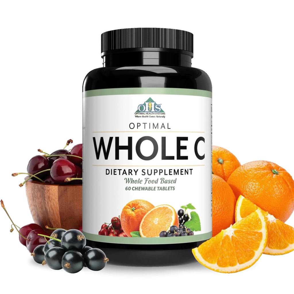 Optimální zdravotní systémy Celým C Žvýkací 124; Potenciální vitamin C z Whole Foods Côte 124; Acerola Cherry, Orange Fruit, & Black Currant + Bioflavenoidy Côte 124; 60 Tablet