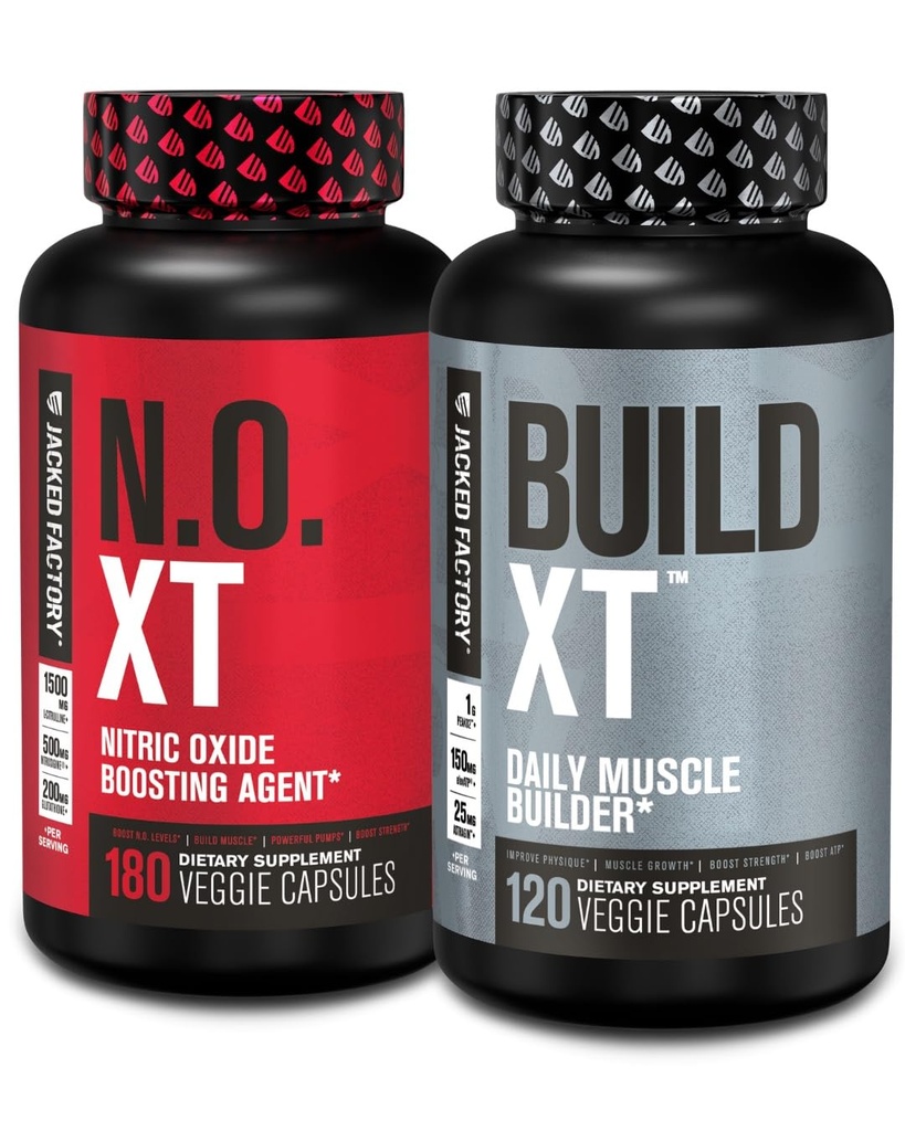 Jacked Factory Muscle Builder Supplement Stack - Build- XT Muscle Builder & N.O. XT Nitric Oxide Boosting Agent for Dual Support (60 Day Supply)