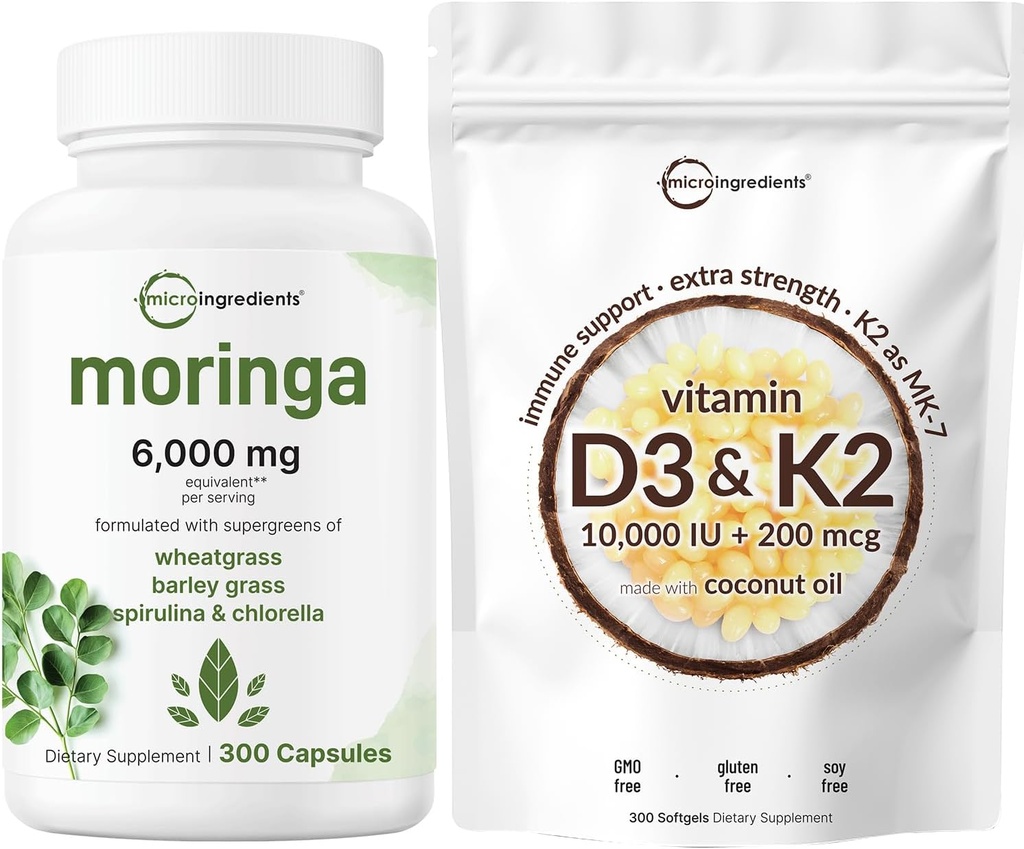Micro Ingredients Vitamin D3 10,000iu + K2 200mcg Coconut Oil Softgels & Moringa Oleifera 6,000mg Ekvivalentní 300 Kapsle Bundle 2 Balení 124; Essential Sunshine Vitamins Supple124; Antioxidant Supplementary