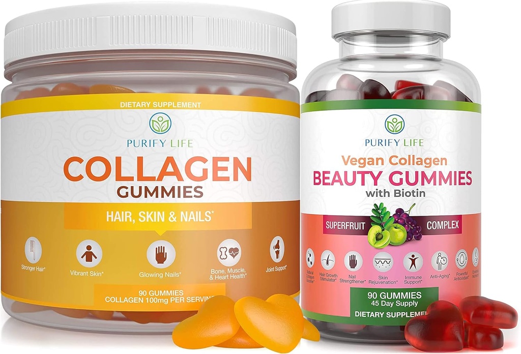Očistěte život mořský kolagen & Vegan Collagen Bundle, gumové vitamíny pro vlasy kůže a hřebíky zdraví (90 Chews), Pore reducer & elasticita, nahradit kapsle, pilulky