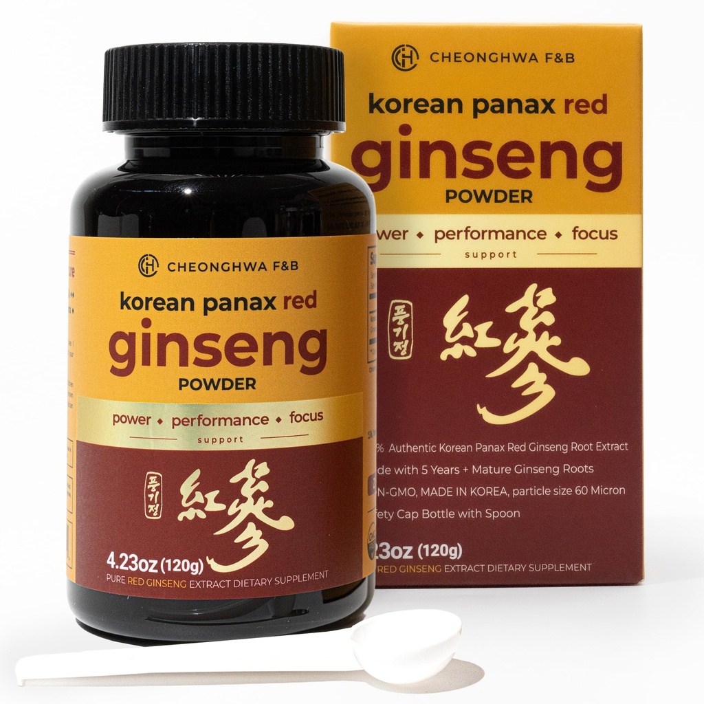 CHEONGHWA F & B Panax Ginseng Powder, 10% Ginsenosid (celkem 20,000mg, 4 měsíční zásoba), 4.23oz, + 5 Rok pěstovaný Korean Red Panax Ginseng, Focus & Immunication Support, Ultra-fine Powder, Non- GMO