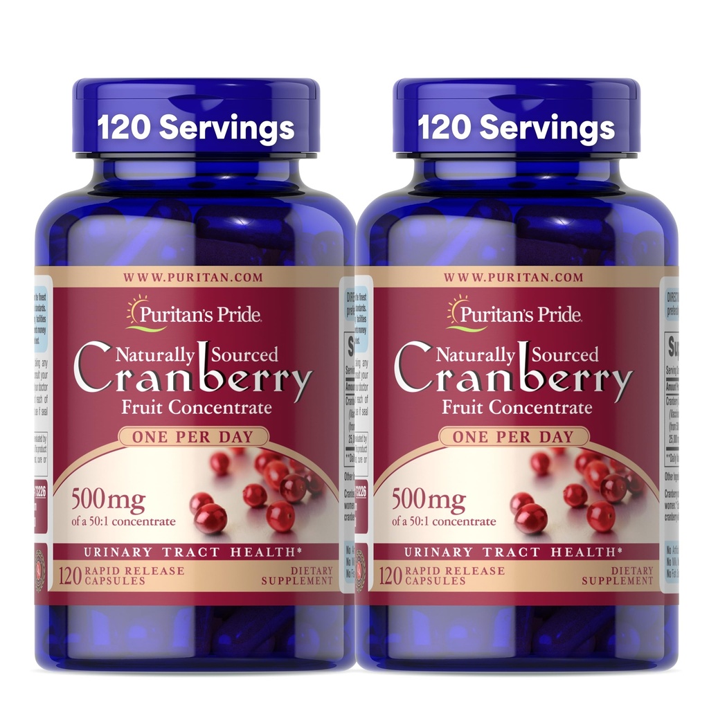 Pýcha puritánské přirozeně sourced Cranberry jeden za den ovoce koncentrát 500 mg, 50: 1 Dietní dodatek pro podporu močových cest, 4 měsíce dodávky, 120 rychlé uvolnění kapsle, 2 balení