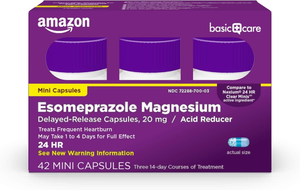 Basic Care Esomeprazol Magnesium Zpoždění -Uvolněte Mini kapsle, 20 mg, Acid Reducer, 24 hodinová Heartburn Medicine, 42 Počet
