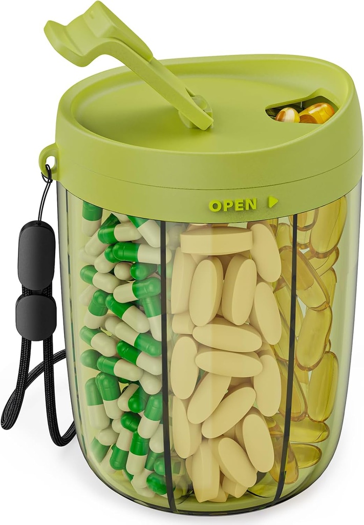 PULIV Big Pill Lahvička Organizátor, Doplněk Pořadatel pro držení 6 různých vitaminů, Pill Box pouzdro s anti- mixování & Wide Open Design, Snadno získat Meds a 20 Pcs Stick-on etikety, zelená