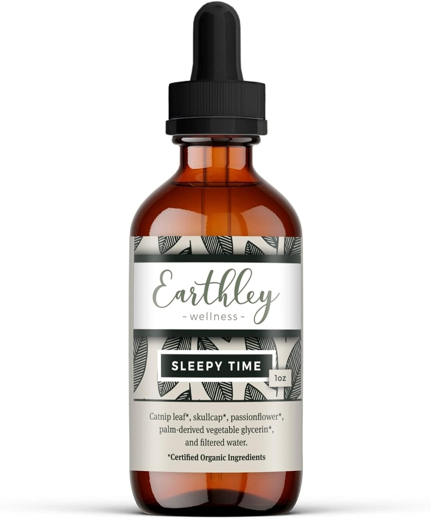 Earthley Wellness Sleepy Time, Natural Herbal Sleep Support pro dospělé a děti, Calming Extract for Relaxation and Restful Nights, Alcohol- Free, Made with Catnip, Skullcap, and Passionflower (1oz)