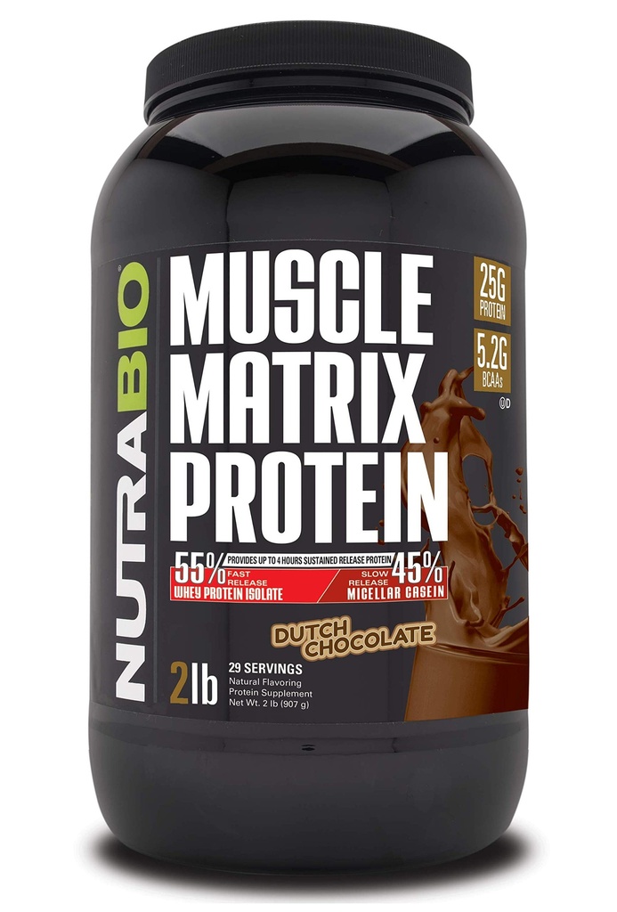 NutraBio Muscle Matrix Protein Powder - 25g proteinu Per Scoop - Syrovátka a micelar Casein Combo pro rychlé a pomalé uvolnění - Holandská čokoláda - 2 litry, 28 Služeb
