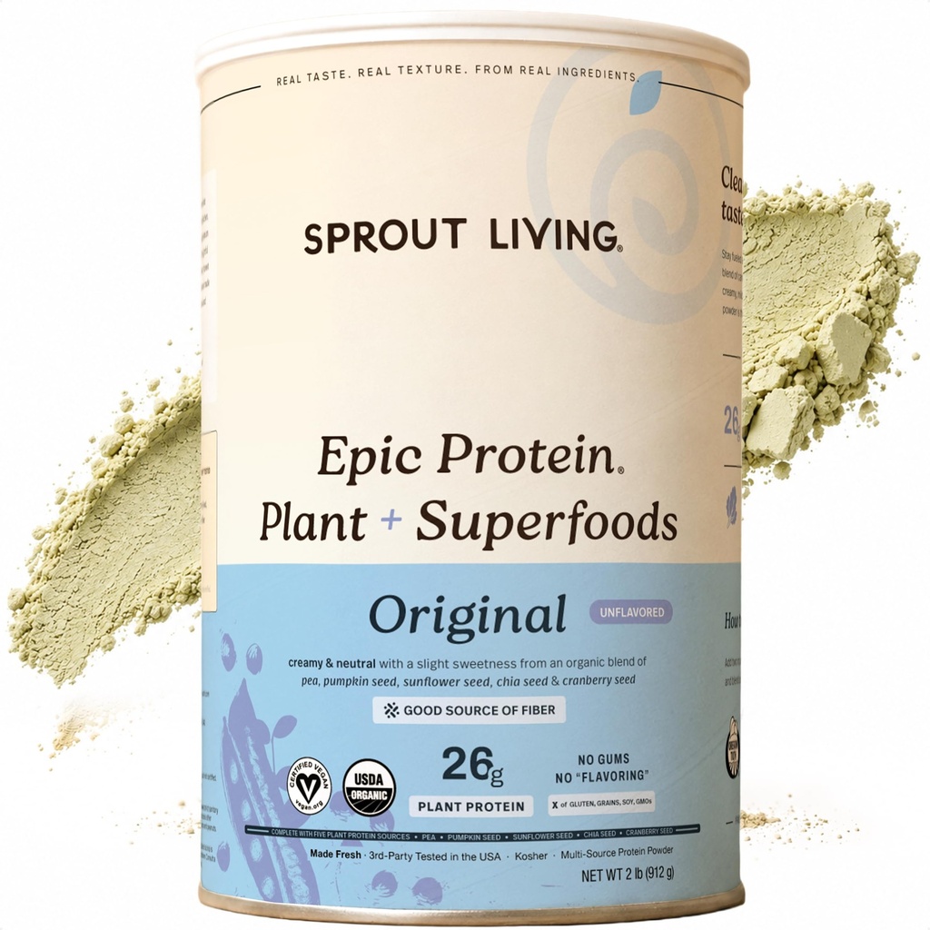 Sprout Living Plant Based Protein & Superfoods Powder, Original, Neochucené 124; Organic Protein Powder, Vegan, Non Dairy, Non-GMO, gluten Free, Sugar Free, Perfect Keto Drink Mix (2 LB)