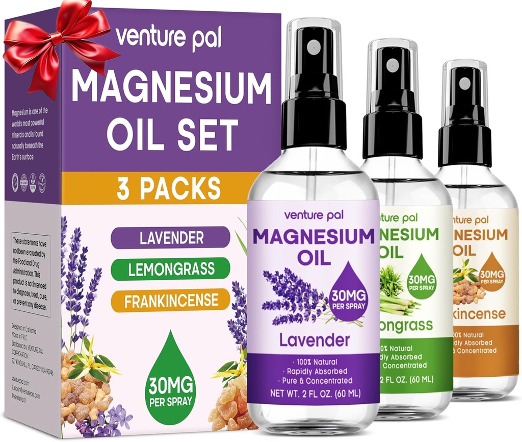Venture Pal 3-Pack Topical Magnesium Oil Spray Set for Feet - Ideální dárek pro relaxaci, lepší spánek, Svalová úleva pro nohy & Sponky, Zdravé vlasy & kůže. Rychlá absorpce, non- Greasy