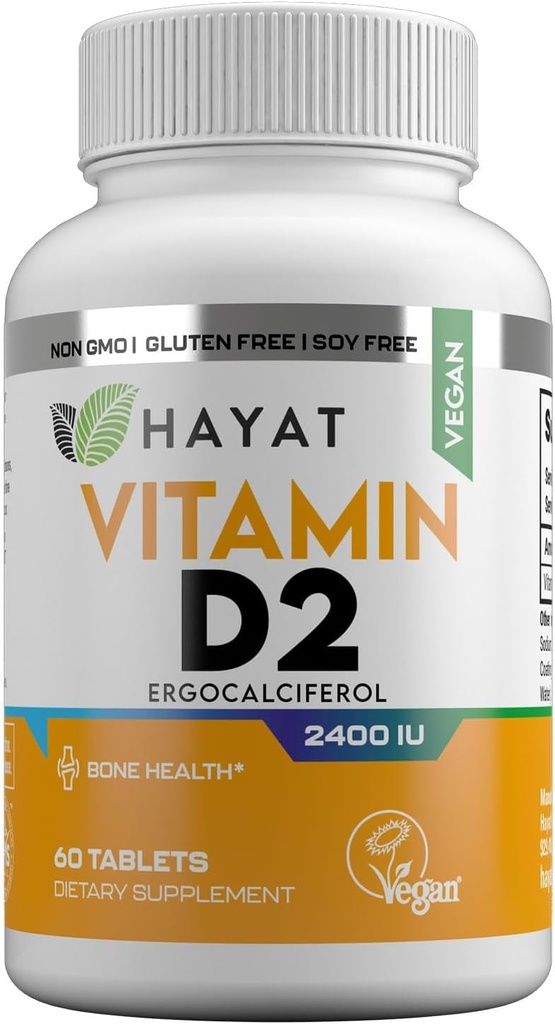 HAYAT Vitamíny Vegan Vitamin D2 2400 IU (60 MCG), Dietní dodatek pro kosti, zuby, svalové a imunitní zdravotní podpora, 2 měsíce Dodávka, Všechny přírodní, Certified Halal, 60 Tablety, Made in USA