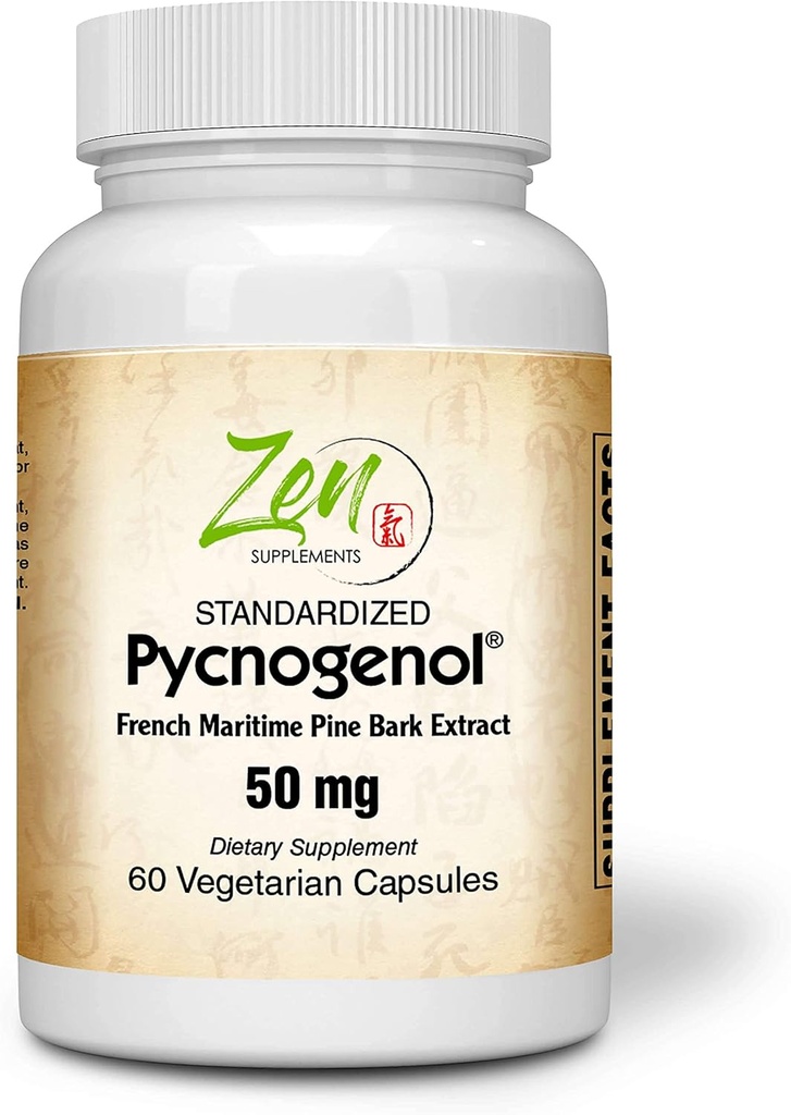 Zen doplňky Pycnogenol 50mg - Standardizovaný francouzský námořní Pine Bark Extract pro antioxidant & Zánět Podpora - Non- GMO, gluten & Soy Volný 60- Vegcaps