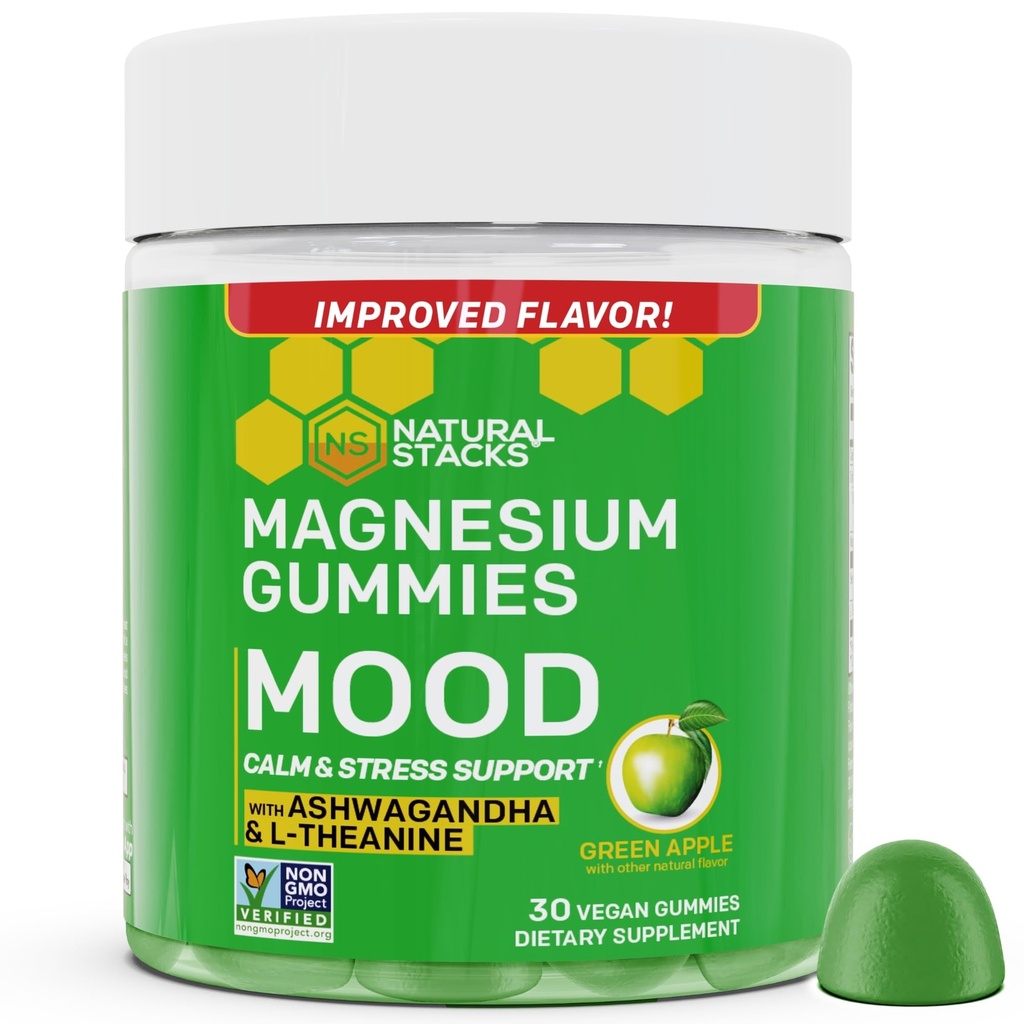Mood Magnesium Gummies - 200mg Magnesium Citrát & 125mg Sensoril Ashwagandha Gummies - s L Theanine for Calm & Stress Support - Mag Citrát a Ashwagandha Dodatek - 30 Green Apple Chewables