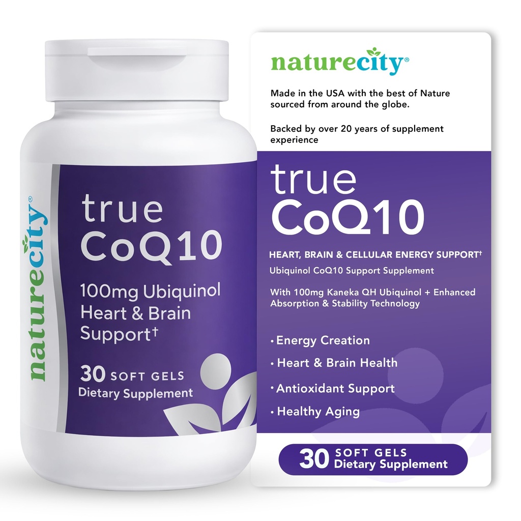 NatureCity True- CoQ10 Ubiquinol 100mg Vysoce absorbovatelné a stablizované Kaneka QH CoQ10 Heart, Brain and Cellular Energy Supplement - (30 Soft Gels) Active CoQ10 as Ubiquinol