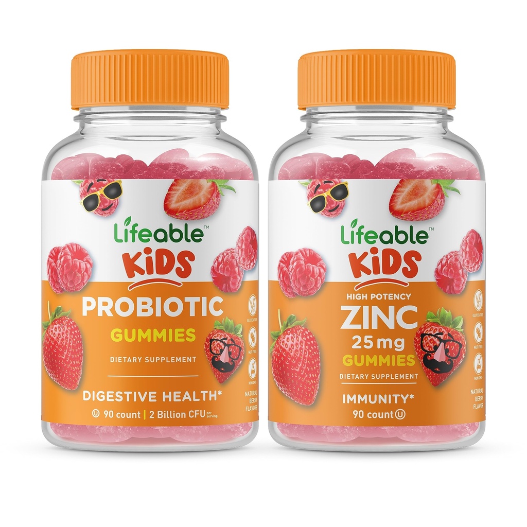 Živý probiotický 2 miliardy CFU děti + zinek 25mg děti, Gummies Bundle - Velký přípitek, vitamin dodatek, gluten zdarma, GMO zdarma, žvýkací žlab