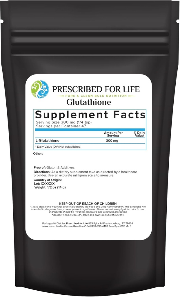 Předepsaný pro život L Glutathione prášek, čistý snížený glutathion, tripeptid aminokyselin glycin, glutamin, a cystein, doplněk antioxidantů pro imunitní podporu (0.5oz / 14g)
