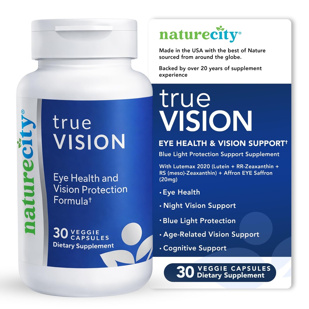 NatureCity True- Vision Eye Health Supplement - Plant- Based Lutein and Zeaxanthin with High Potency Saffron 20mg - Blue Light Protection, Support Central and Night Vision (30 Veggie Kapsle)