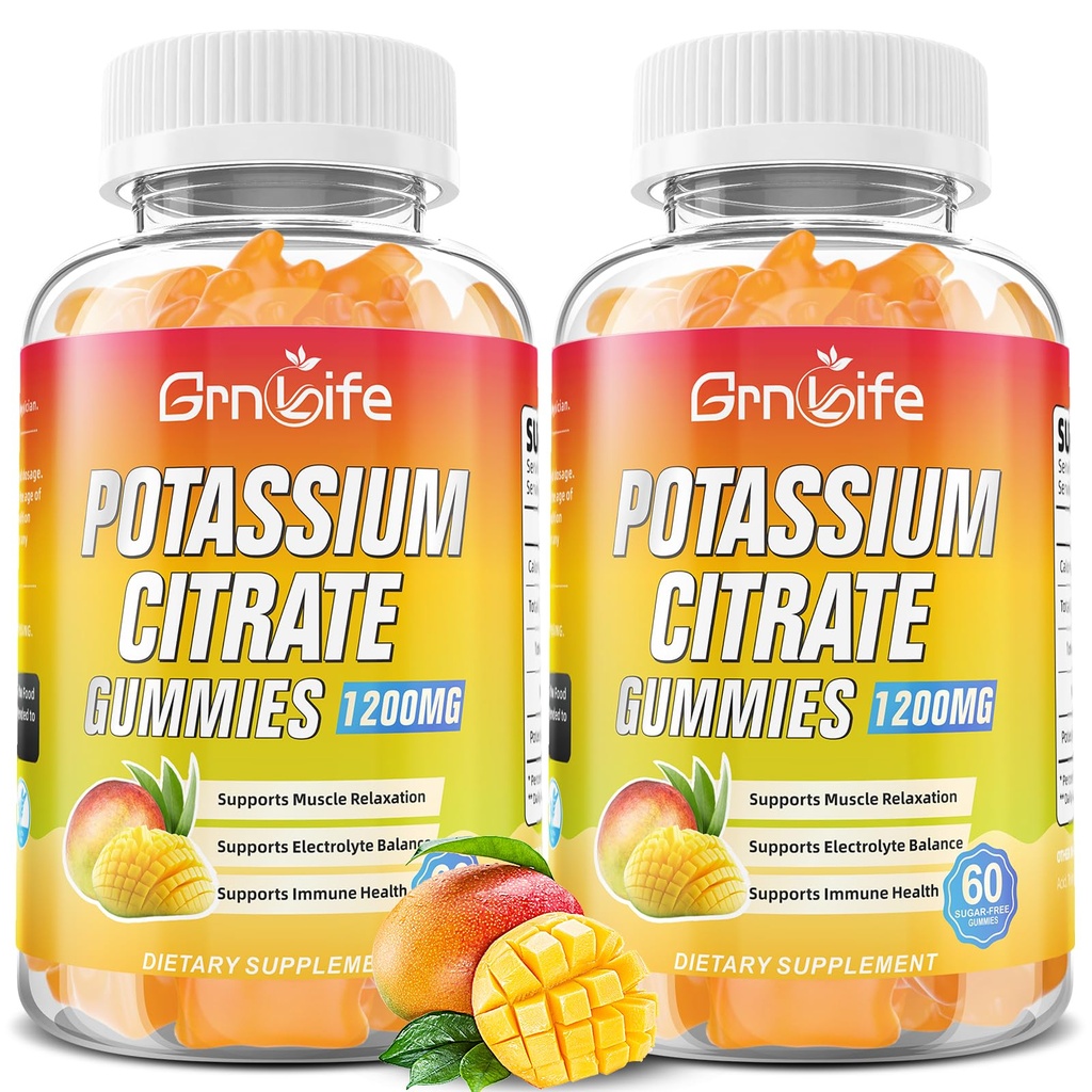 Citrátové žvýkačky draselné, Gummie s vysokým obsahem draslíku 1200mg Support Leg Cramps & Muscle Health, Gummie draselné pro dospělé a děti, Vegan, Mango Flavor 120 Počet