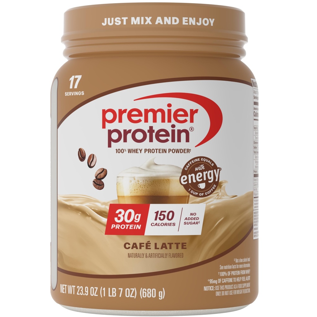 Premier Protein Powder, Café Latte, 30g protein, 1g cukr, 100% syrovátkový protein, Keto Friendly, gluten Free, No Soy, 95mg kofein pro energii, 23.9 oz (17 Služeb)