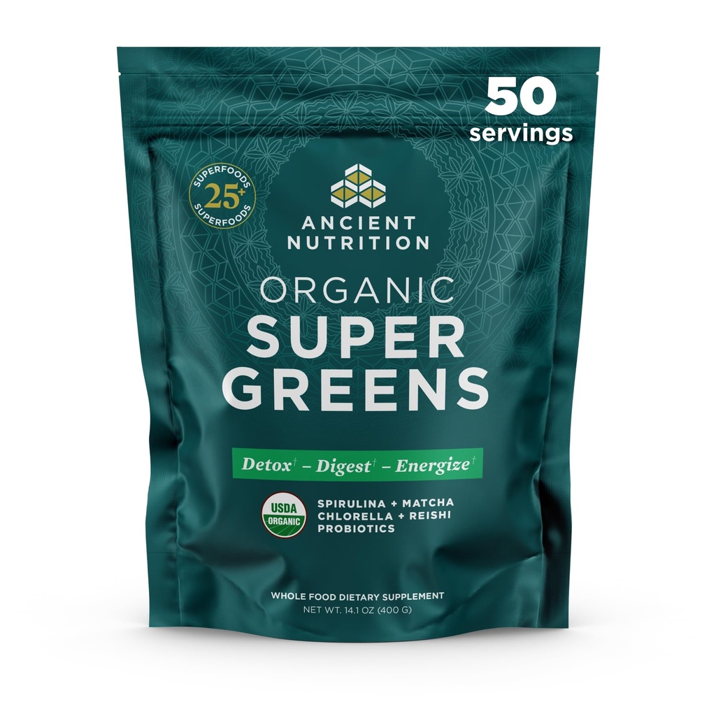Starověká výživa Super Zelené Powder, Organic Superfood Powder with Probiotics Made with Spirulina, Chlorella, Matcha, and Digestive Enzymes, 50 Serings, 14.1 oz