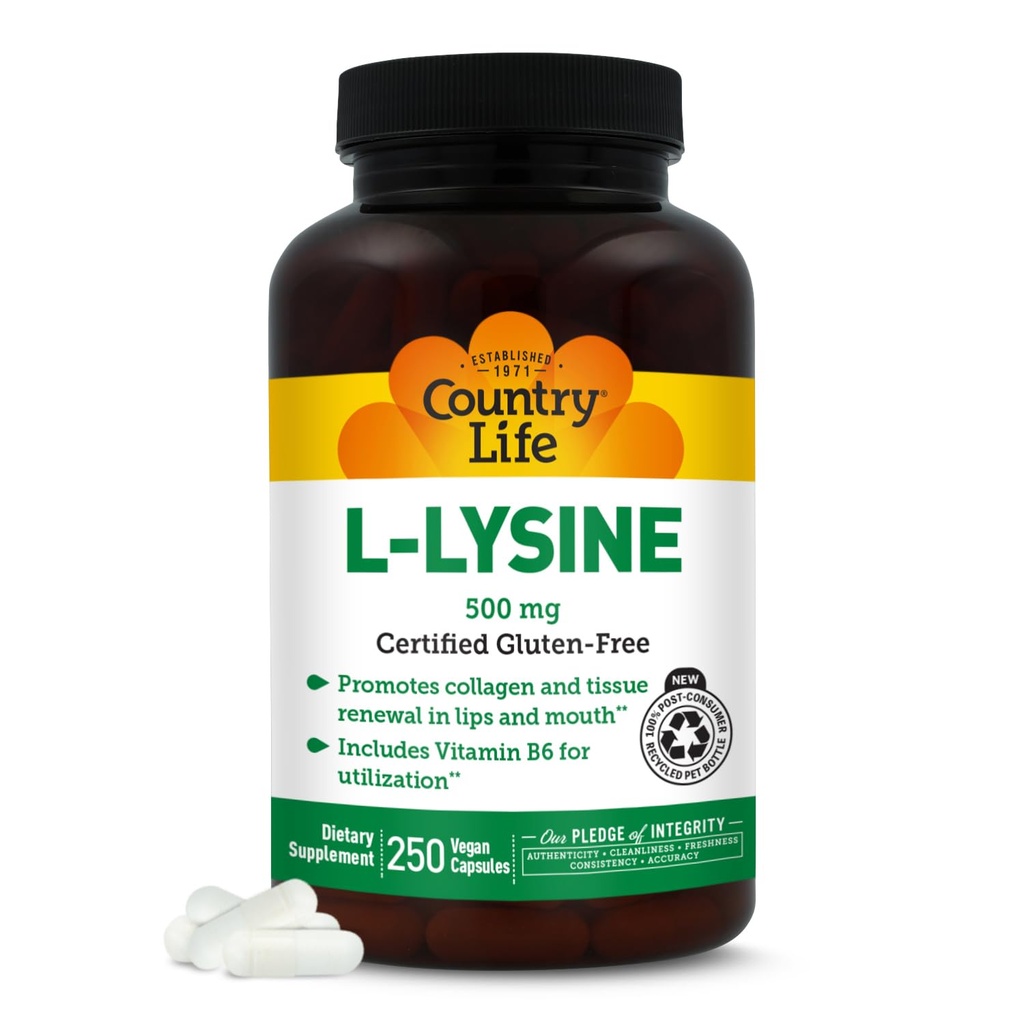 Country Life L- Lysin 500mg s B-6, podporuje imunitní zdraví, podporuje obnovení kolagenu v rtech a ústech, 250 Vegan Kapsle, Certified gluten zdarma, Certified Vegan