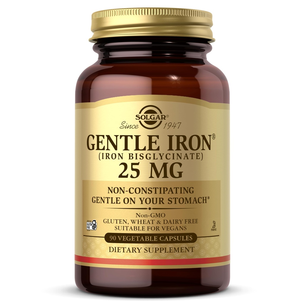 Solgar Gentle Iron 25mg, 90 Zeleninové kapsle - Energy, Normal Red Blood Cell Production - Gentle on the Stomach - Non- GMO, Vegan, Gluten Free, Dairy Free, Kosher - 90 Služeb