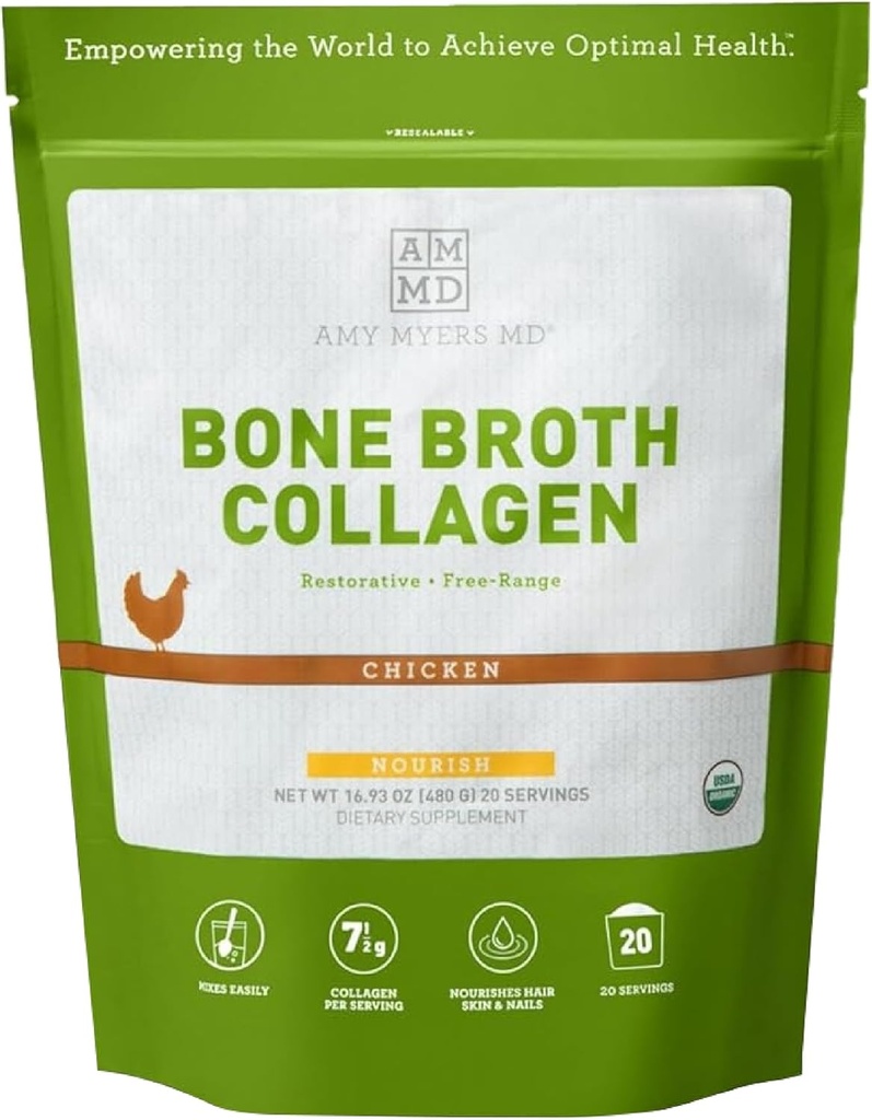 Amy Myers MD Bone Broth Kolagen Powder - Organic Chicken Bone Broth - Podporuje zdravou pleť a hřebíky - pro Gut Health & Joint Support - 20 Služeb, Chicken Flavor