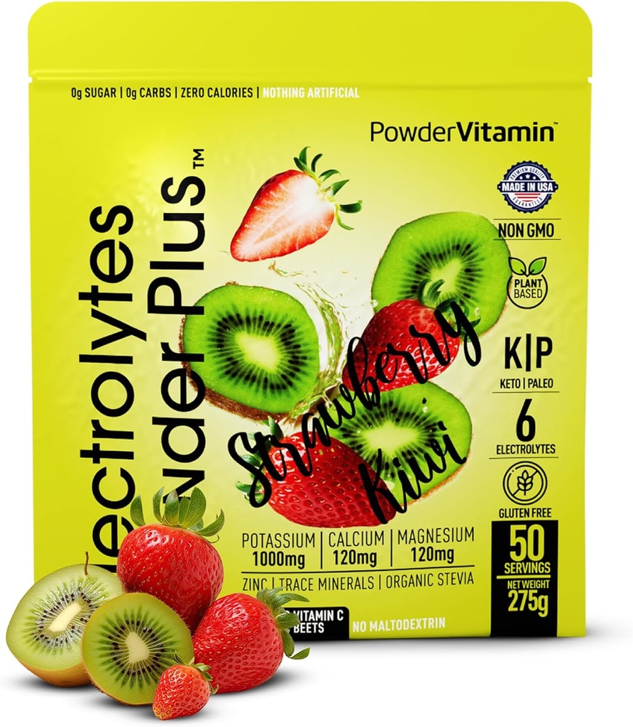 Electrolytes Powder Plus (50 Servings), 0 Calorie Keto, 0 Cukr, No Maltodextrin, 1000mg Draslík, 120mg vápníku, 120mg hořčíku, Hydration Powder (50 Servings, Strawberry Kiwi)