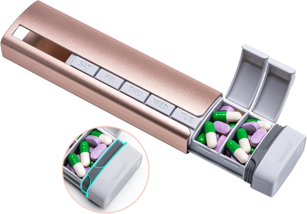 Daviky Metal Travel Pill Organizátor, Premium Hliníkové Pill Box 7 Day, Týdenní Pouzdro Pill, Stylish & roztomilý Držák na pilulky pro léky, doplňky a vitaminy (růžová + šedá)