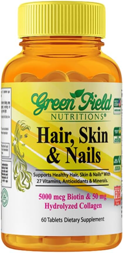 Greenfield Nutritions Halal Biotin Tablet pro dospělé - 60 Halal Multivitamin pro vlasy kůže a nehty - Vysoká účinnost 5000mcg Biotin s 50mg kolagenu a minerálů - Želatina gluten zdarma, Non- GMO vitamin