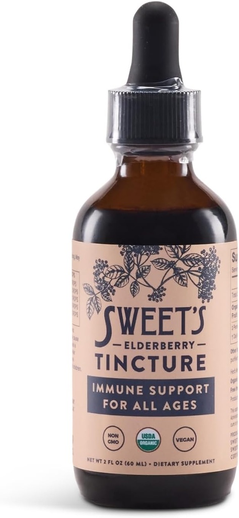 Sweet 's Elderberry Tincture S124; USDA Organic S124; Alkoholo- Free S124; Black Elderberry S124; Imunitation Support for All Ages S124; Travel- Friendly 2 oz Bottle with Dropper S124; Vegan S124; Keto S124; Non- GMO S124; Neslazené
