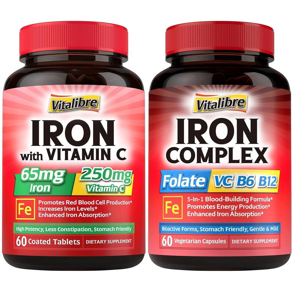 Železo doplněk pro ženy a muže, s vitamíny C, B6, B12 & Folát + Železo doplněk, 65mg karbonyl železo s 250mg vitaminu C