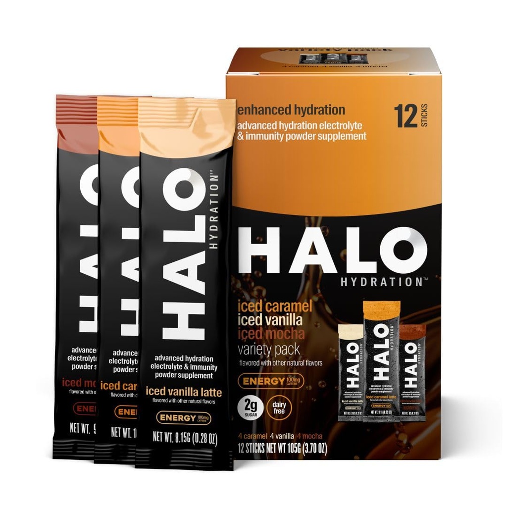 HALO Hydration - Electrolyte Energy Drink Mix 124; Hydration Powder Packets I124; Variety Pack (Karamel, Vanilla, Mocha Lattes), Zdravá hubená káva 124; Easy Open Single Serving Stick 124; 12 Sticks