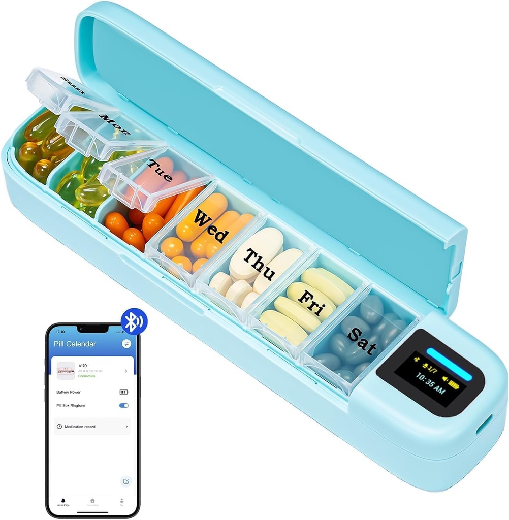 Daviky Smart Pill Organizátor s alarmem, Bluetooth Daily Jednou denně Pill Box 7 Day s APP, Týdenní cestovní Pill Pouzdro, Přenosná připomínka na pilulky pro léky, doplňky a vitamíny (zelená)