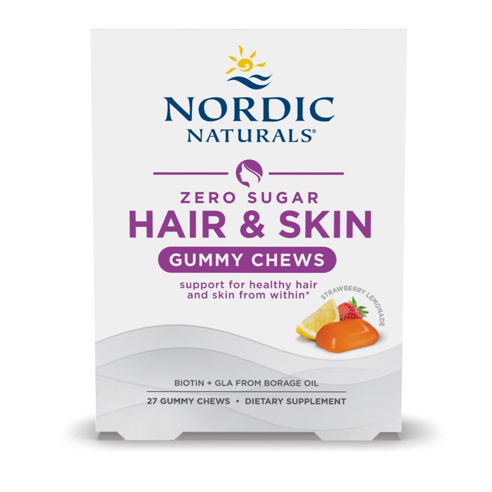Nordic Naturals Zero Cukr Vlasy & Kůže Gummy Chews, Jahodová limonáda - 27 Gummy Chews - Biotin + GLA od Brutálního oleje - Podporuje zdravou rovnováhu tuků v kůži - Non- GMO - 27 Služení