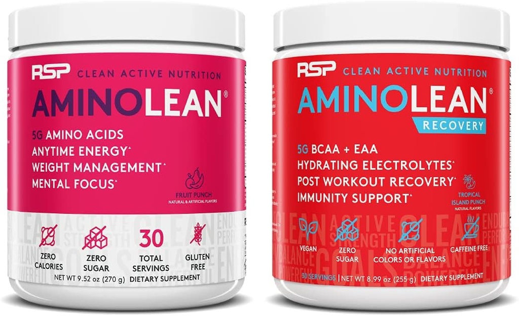 RSP Nutrition AminoLean Pre Workout Energy (Fruit Punch 30 Servings) s AminoLean Recovery Post Workout Boost (Tropical Island Punch 30 Servings)