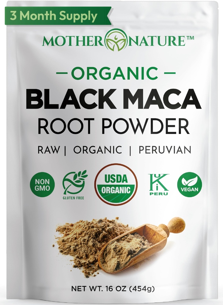 Organické, syrové peruánské Black Maca Root Powder - Premium USDA Certified, Ideální pro muže a ženy, Boost cvičení, Vylepšení svalové obnovy, Non- GMO, Vegan Superfood, 16 oz