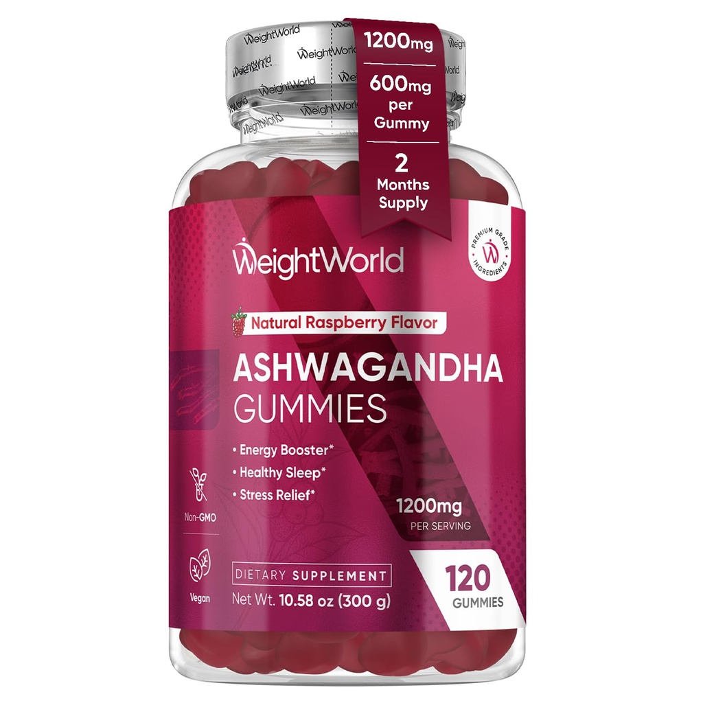 Váhy World Ashwagandha Gummies pro ženy a muže 1200mg - 120 Gummies (2-Month Supply) - Ashwagandha Dodatek Gummies for Energy Booster, Zdravý spánek & Stress Relief - Vegan & gluten- bez