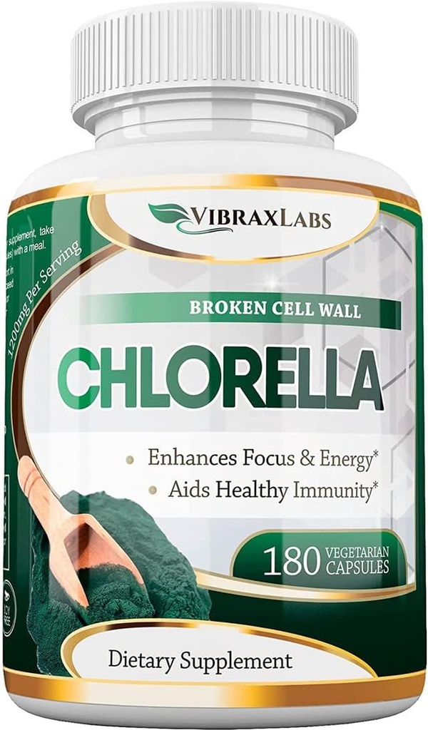 VibraxLabs Chlorella Kapsle - Broken Cell Wall 600 mg Veggie pilulky (1200 mg Serving) - Protein Powder Dodatek pro přírodní detoxikaci, Nejlepší s Spirulina, No After taste, Made in USA