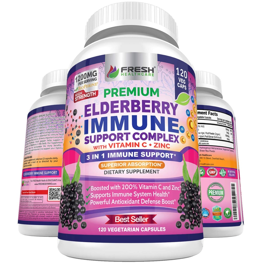 FRESH HELTHCARE Elderberry Kapsle - High Potency Black Elderberry se zinkem a vitaminem C - Premium 3- in-1 Imunitate Support Vitamíny pro dospělé
