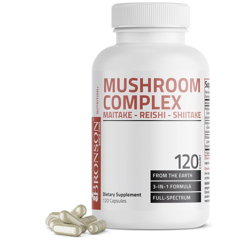 Bronson Triple Houba Complex - Maitake - Reishi - Shiitake - Výkonný antioxidant a imunitní systém Booster - Full Spectrum Houba Complex - 600 mg Kapsle - 120 Počet