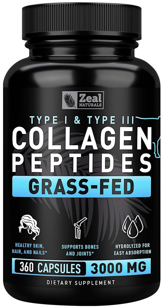 Zeal Naturals Kolagen Peptides Kolagen Pills (360 Kapsle) Tráva Fed Kolagen Pepetide Powder - Hydrolyzované Kolagen Powder for JointTendon SupplementVlasy kůže a nehty -