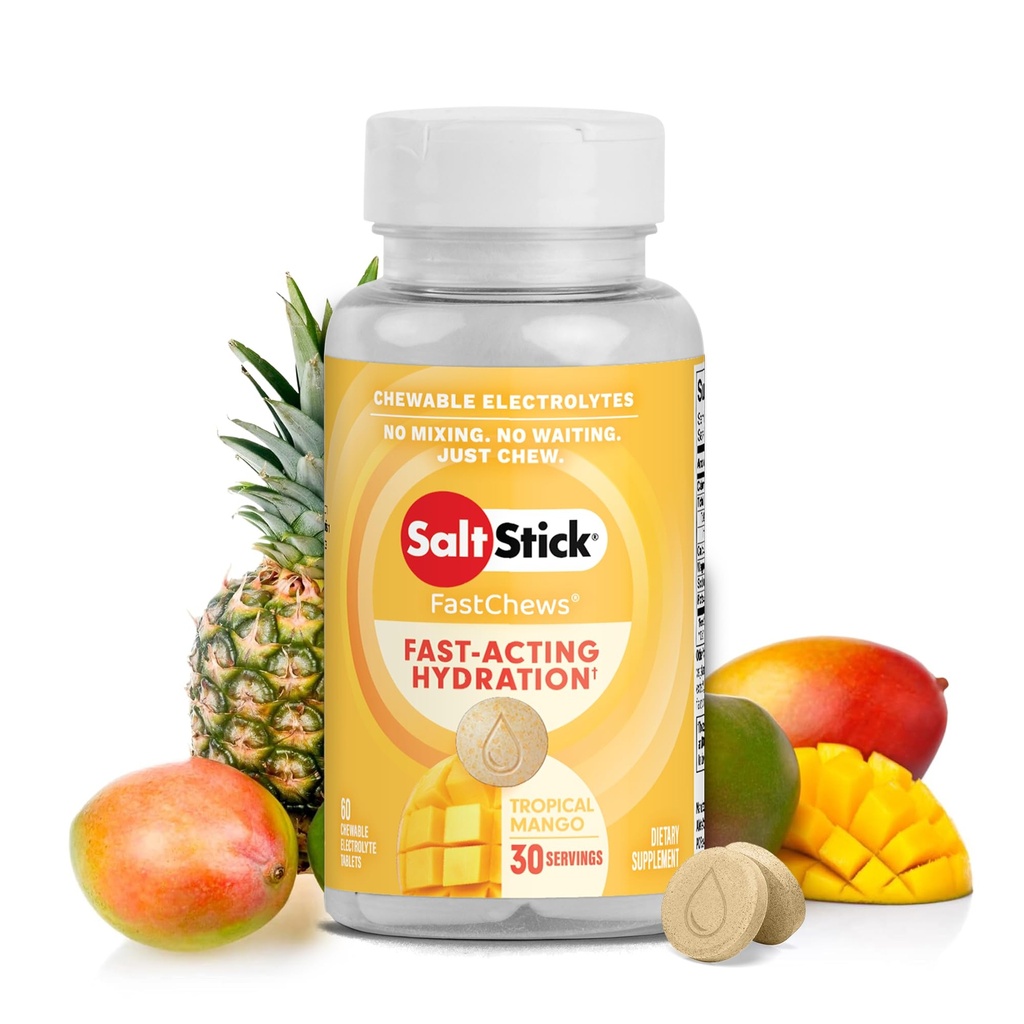 Saltstick Electrolyte FastChews - 60 Tropical Mango Chewable Electrolytes - Salt Tablety pro běh a hydrataci, Electrolyte Chews - 60 Počet