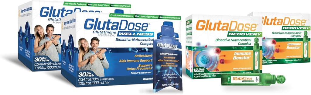 GlutaDose Ultimate Imunitate Boost & Daily Detox Bundle, Cold & Flu Recovery, Imunity & Energy Support, Glutathione, Astragalus, Echinacea, Acerola (1000 mg směsi), Selen, Zinek, tekuté doplňky