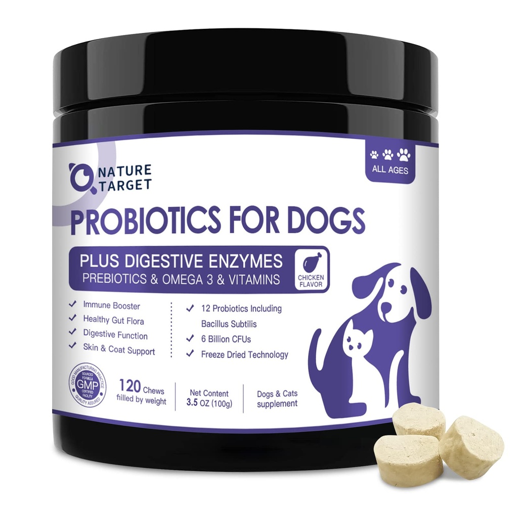 NATURE TARGET Probiotika pro psy, 6 Bilion Freeze Sured Dog Probiotika s Prebiotika & Enzymy, Vitamíny, Omega 3, pro stravitelné & Gut zdraví, Itch Relief, Snížit průjem, 120 Bites