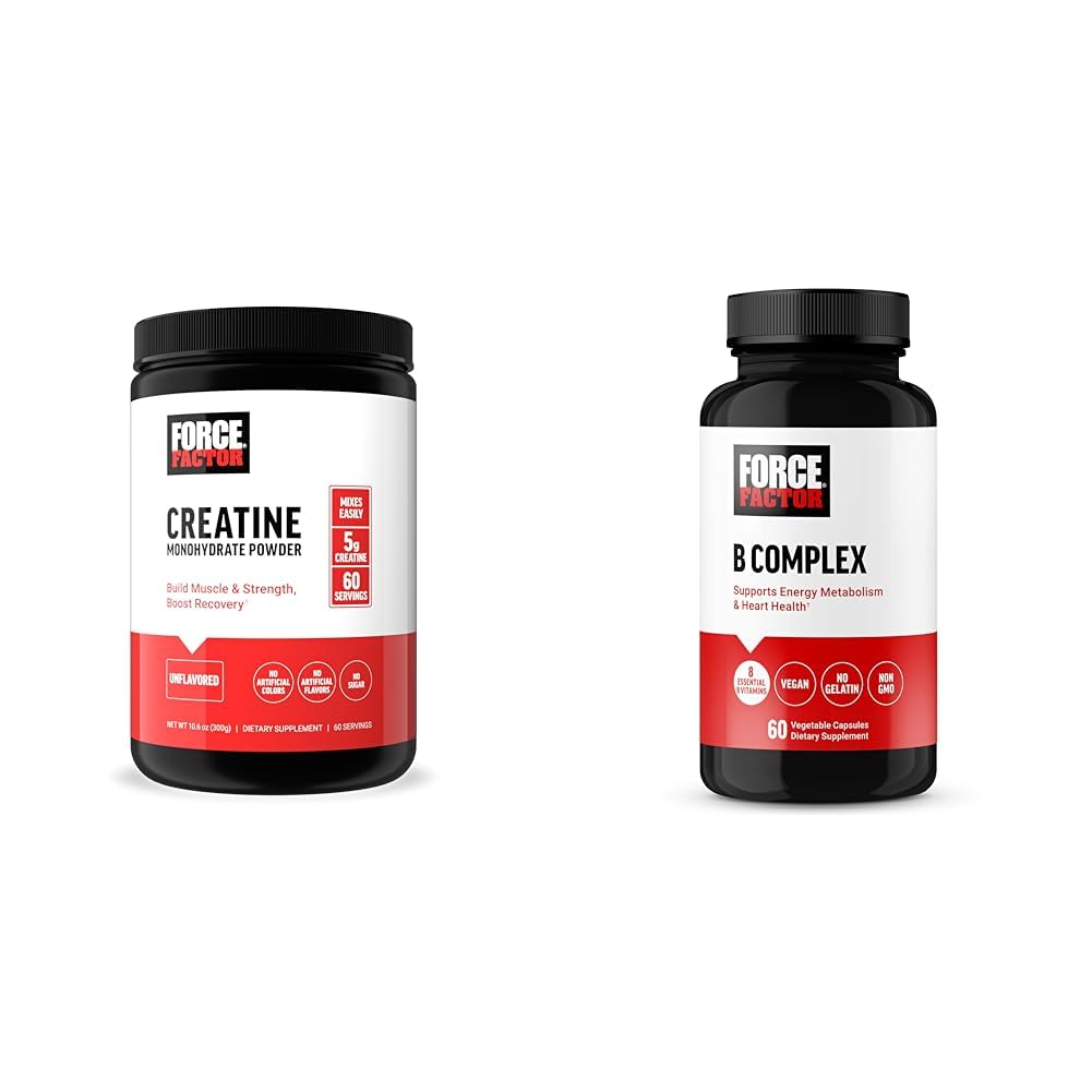 Force faktor kreatin prášek 60 Doručování a vitamín B Komplex 60 Kapsle Bundle pro svalové zisk, síla, energie a rychlejší zotavení